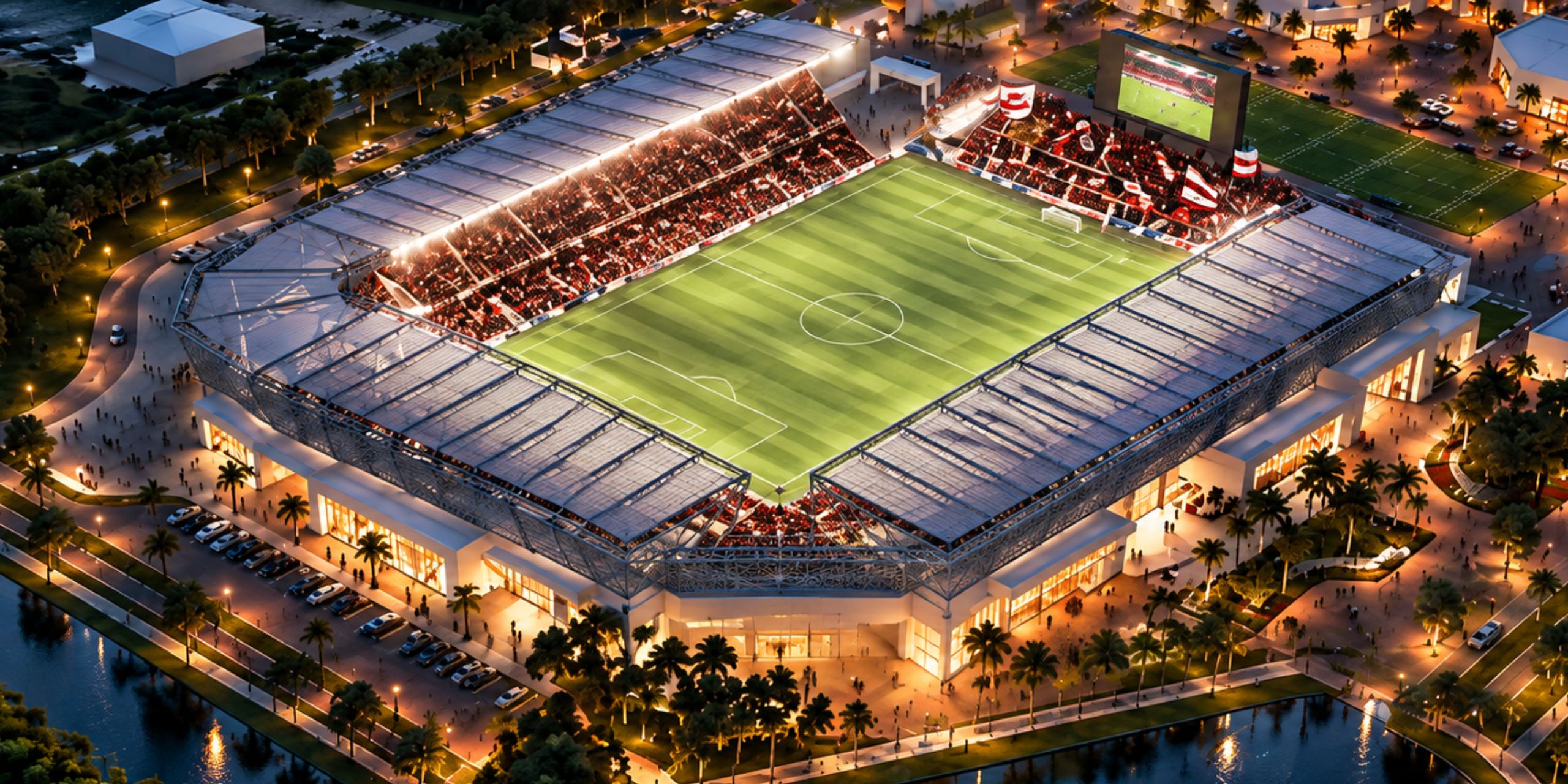 Rendering of the planned Space Coast Soccer Club stadium on NASA Blvd in Melbourne at night
